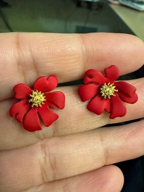 Red Flower Stud Earrings with Gold Centers